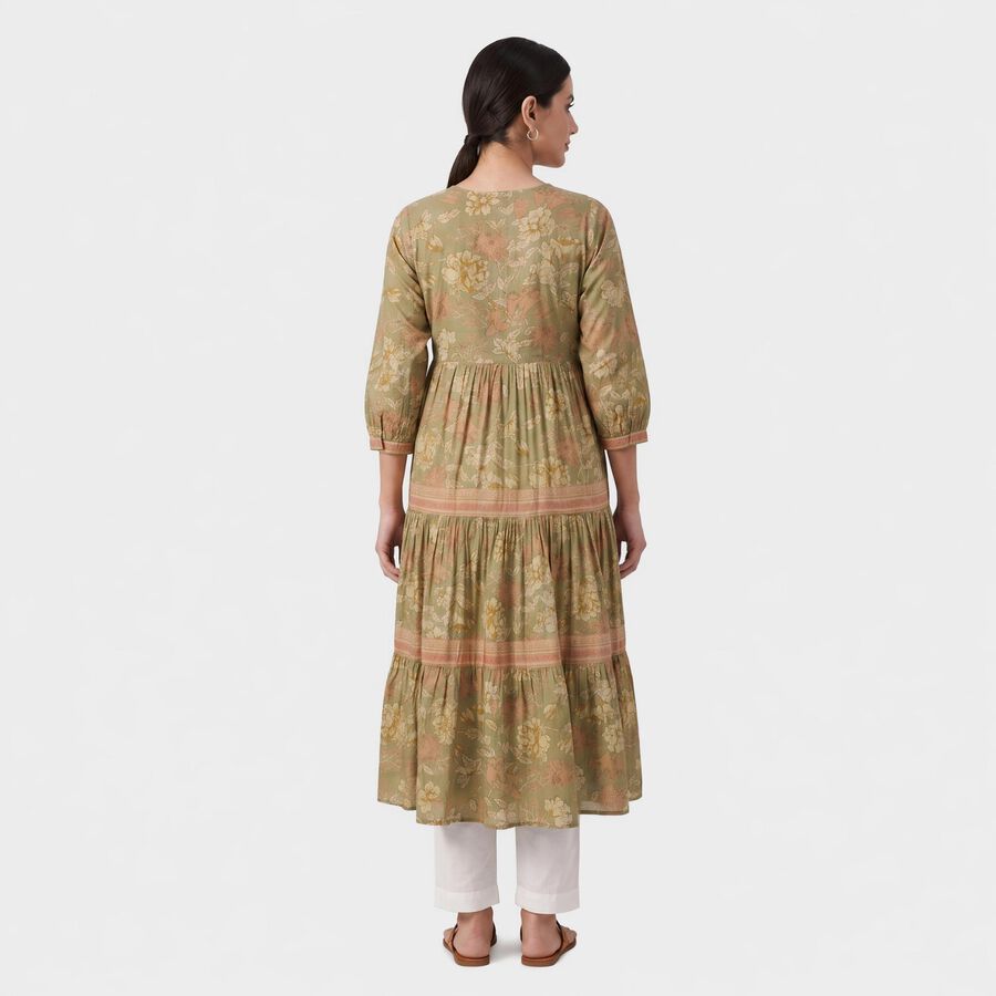 Women's Olive Green V-Neck Floral Printed Kurta, Light Green, large