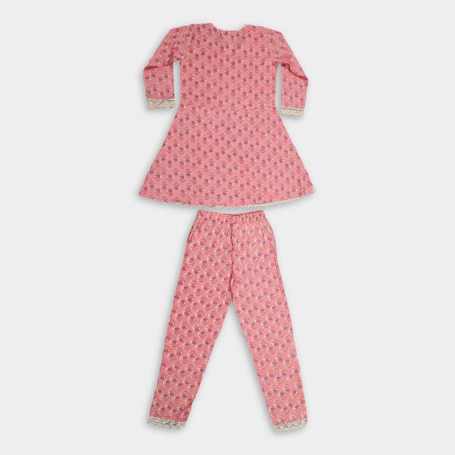 Girls' Soft Pink Floral Lace-Trimmed Kurta and Pants Fusion Set, Light Pink, large image number null