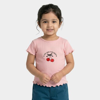 Girls Pink Cotton Round Neck Casual T-Shirt