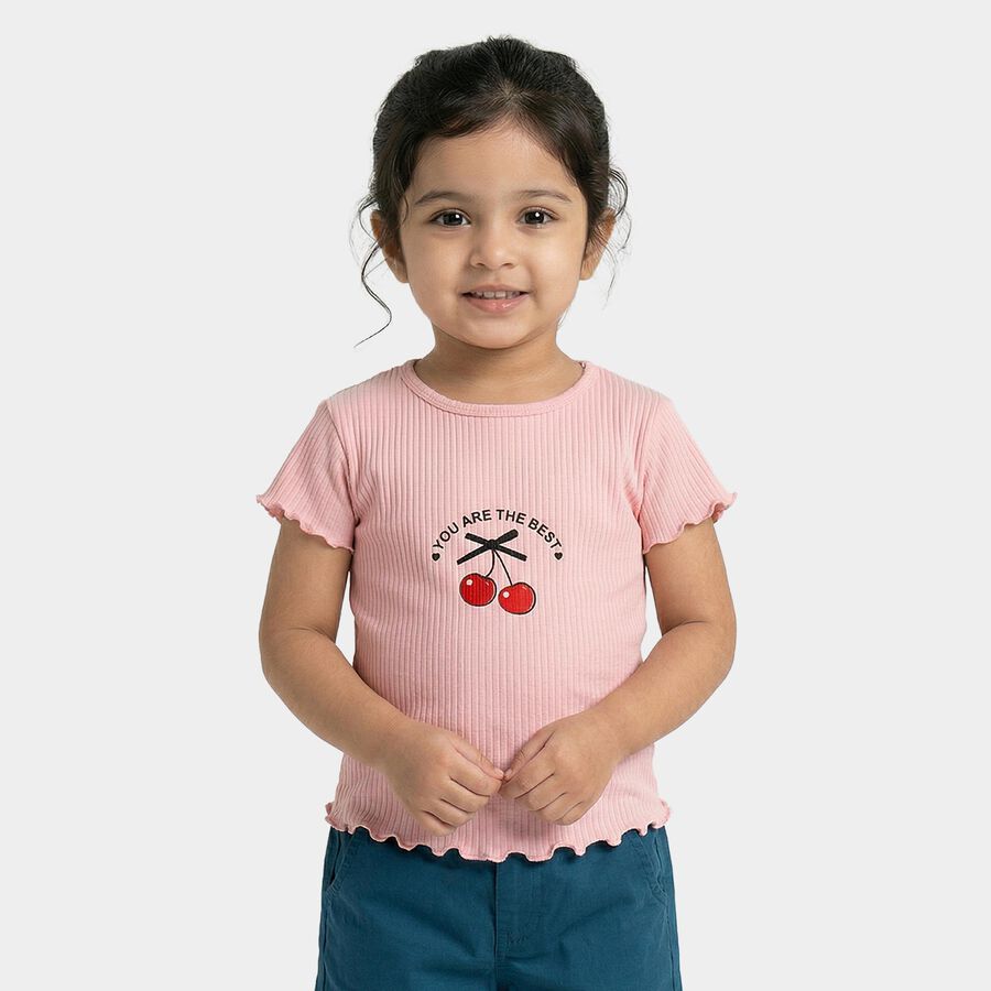 Girls Pink Cotton Round Neck Casual T-Shirt, हल्का गुलाबी, large