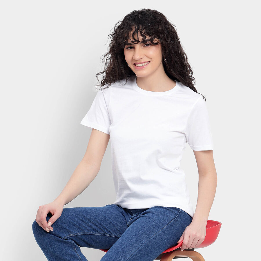 Cotton Solid Round Neck T-Shirt, White, large image number null