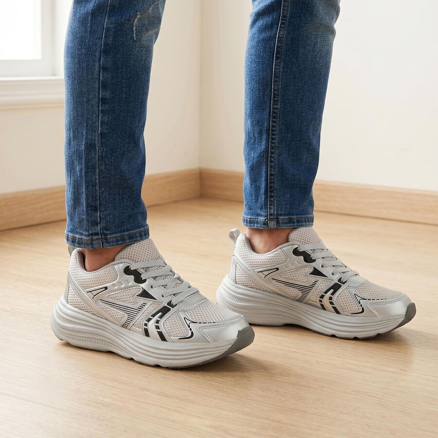 Men's Grey Lace-Up Sneakers, ग्रे, large