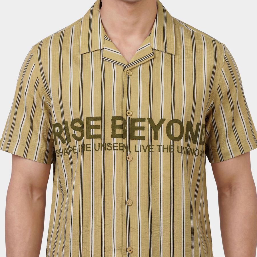 Men's Beige Cotton Spread Collar Casual Shirt, Beige, large