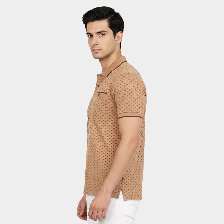 Men Brown Cotton Polo Neck Printed T-Shirt, भूरा, large