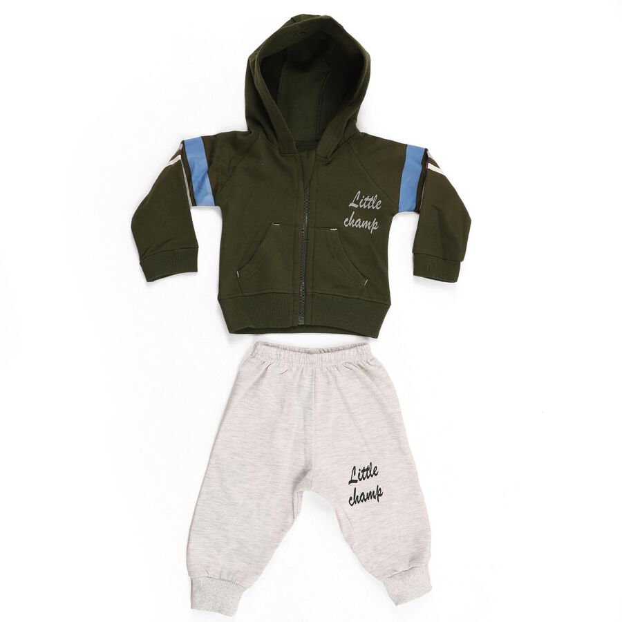 Infants' Olive Hoodie Cuff Sleeve Printed Baba Suit, ओलिव, large image number null