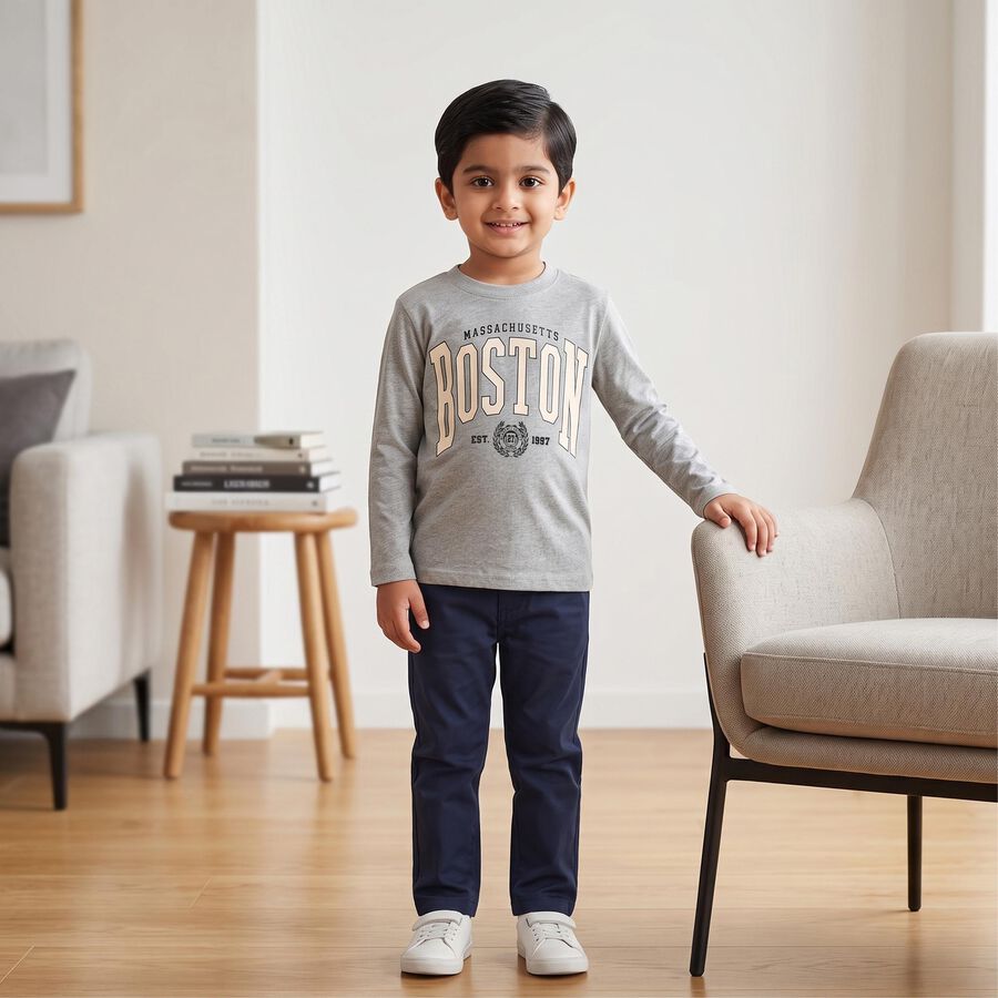 Boys Grey Cotton Blend Crew Neck Regular T-Shirt, Melange Light Grey, large