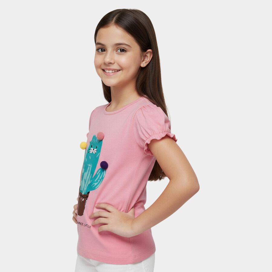 Girls' Pink Cotton Round Neck Graphic Printed T-Shirt, गुलाबी, large