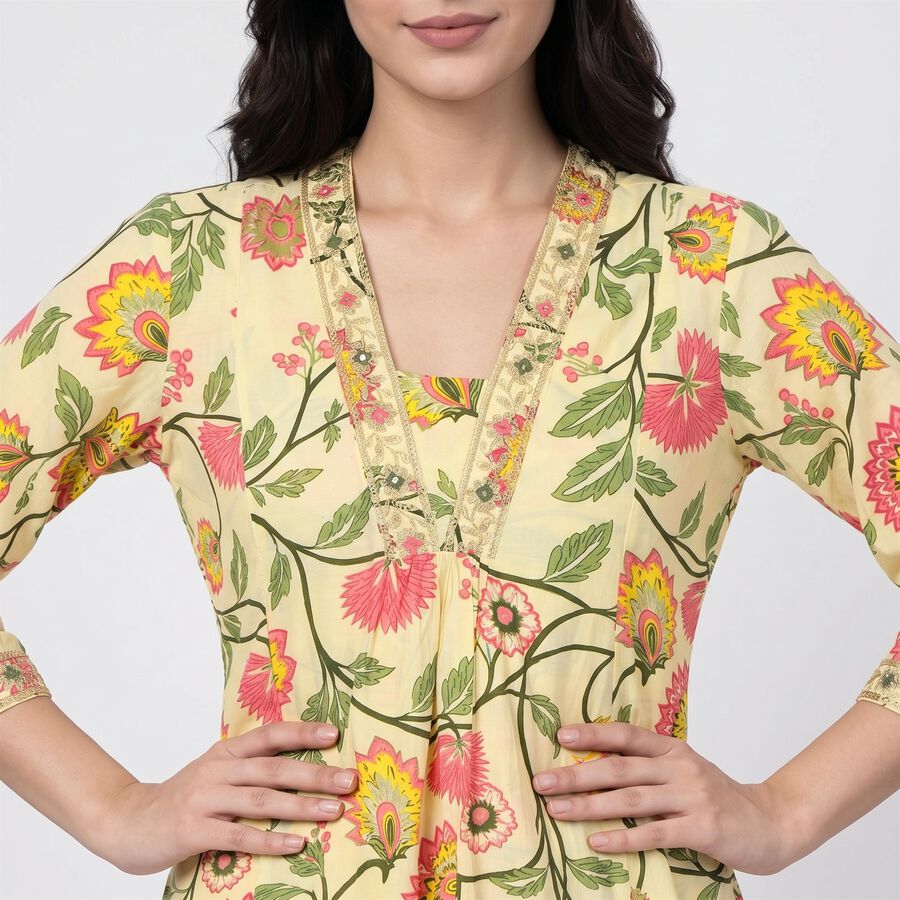 Women's Yellow V-Neck Floral Printed Kurta, Yellow, large