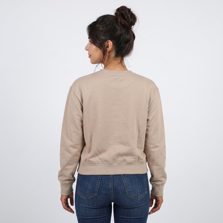 Women Beige Crew Neck Pullover Sweatshirt, Beige, large