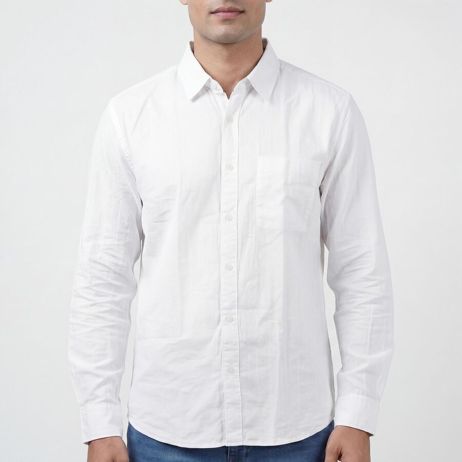 Men's White Cotton Spread Collar Casual Shirt, White, large