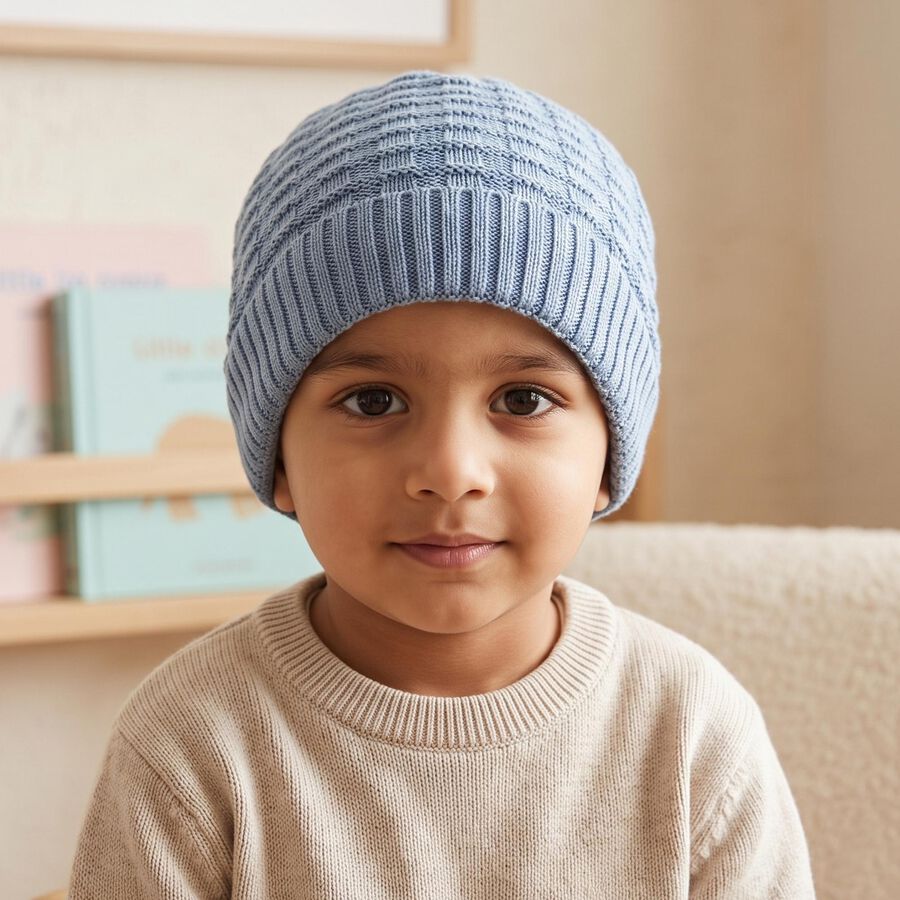 Boys' Light Blue Textured Knit Beanie Cap, Mid Blue, large