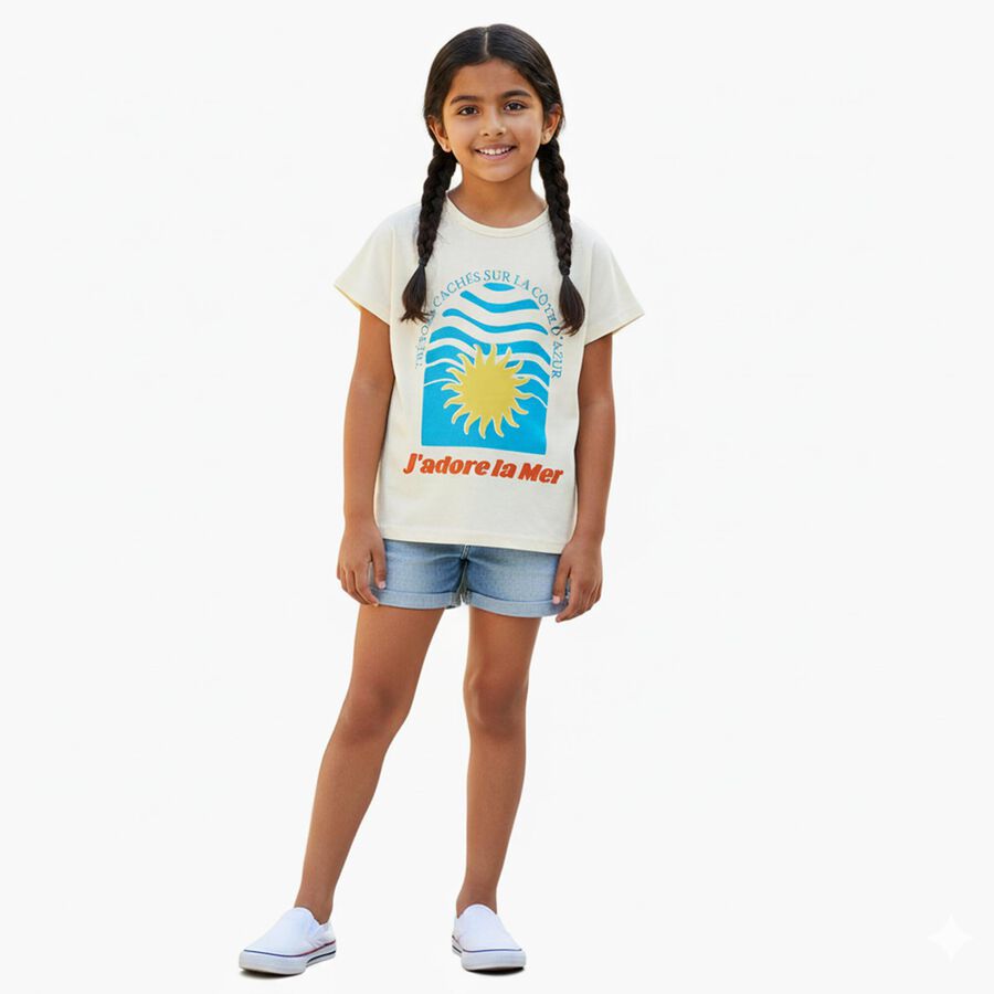 Girls Rich Eggshell White Crew Neck Casual T-Shirt, सफ़ेद, large image number null