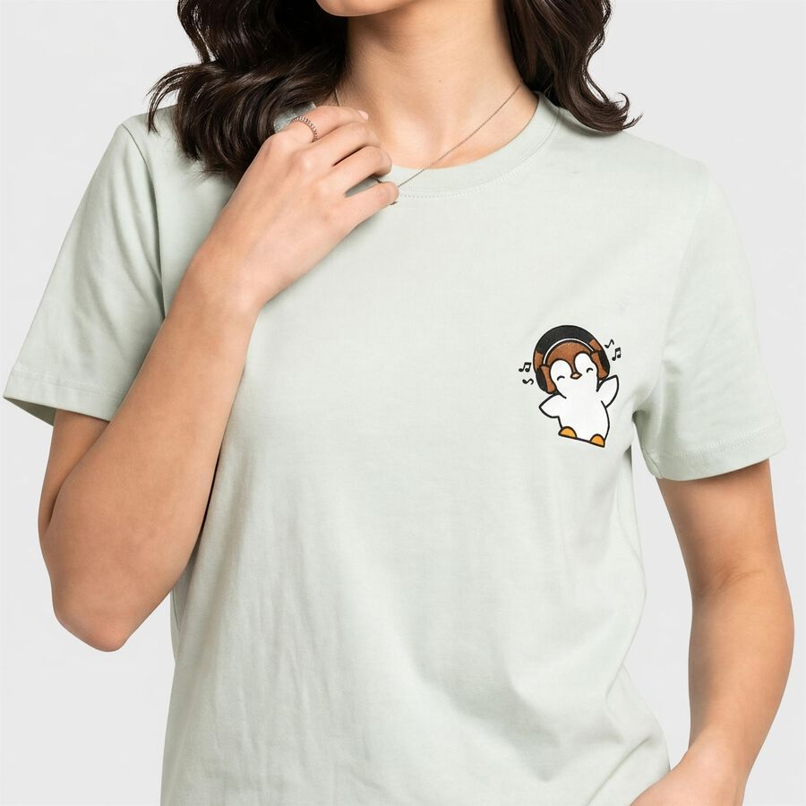 Women Mint Green Round Neck Regular T-Shirt, Light Green, large