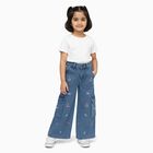 Girls' Light Blue Wide Leg Embroidered Cargo Jeans, Mid Blue, small