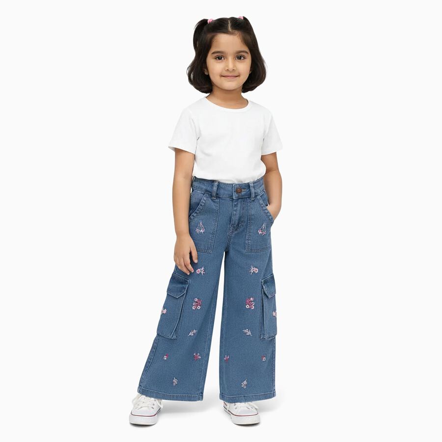 Girls' Light Blue Wide Leg Embroidered Cargo Jeans, Mid Blue, large
