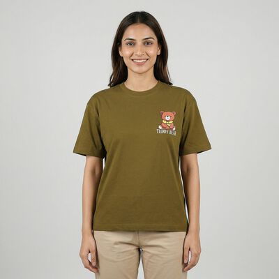 Women's Olive Green Cotton Round Neck Casual T-Shirt