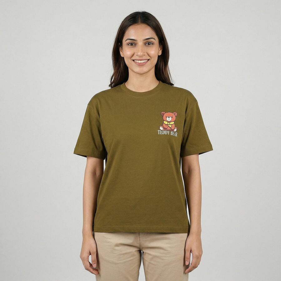 Women's Olive Green Cotton Round Neck Casual T-Shirt, Olive, large