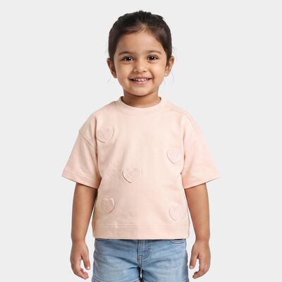 Girls Pink Cotton Crew Neck Oversized T-Shirt