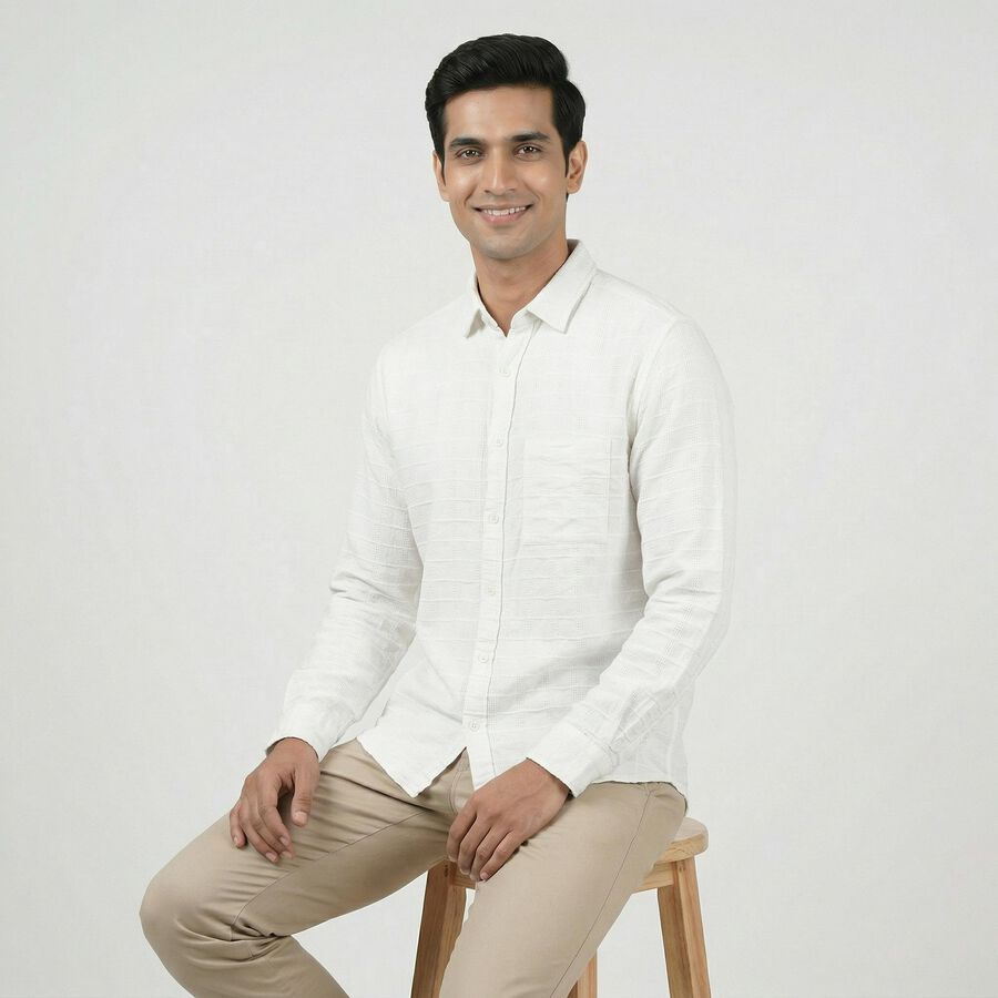 Men's White Cotton Spread Collar Casual Shirt, सफ़ेद, large