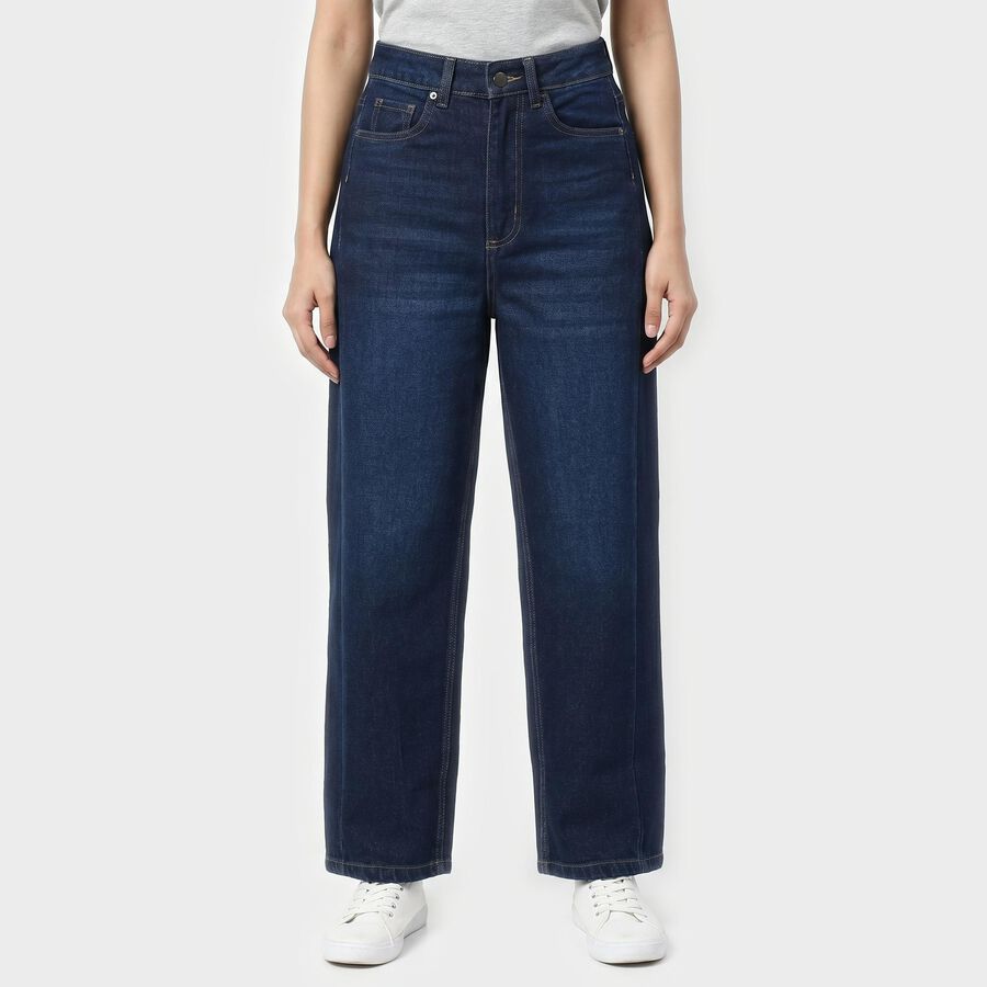 Women's Navy Blue Wide Leg Washed Jeans, Dark Blue, large