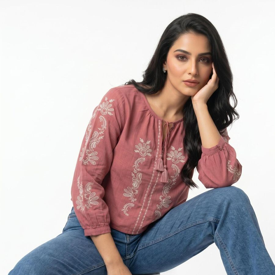 Women's Pink Round Neck Embroidered Crop Top, गुलाबी, large