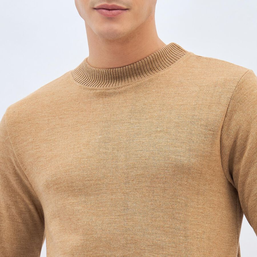 Men's Muted Beige Crew Neck Casual Pullover, Beige, large image number null