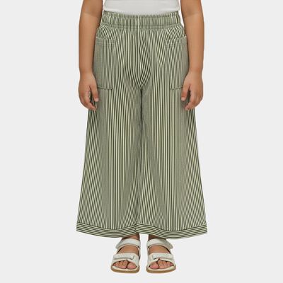 Girls' Olive Green Wide-Leg Striped Trousers