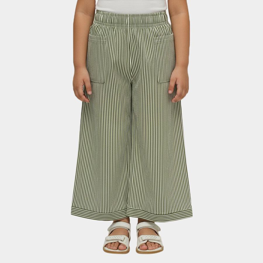 Girls' Olive Green Wide-Leg Striped Trousers, Light Green, large