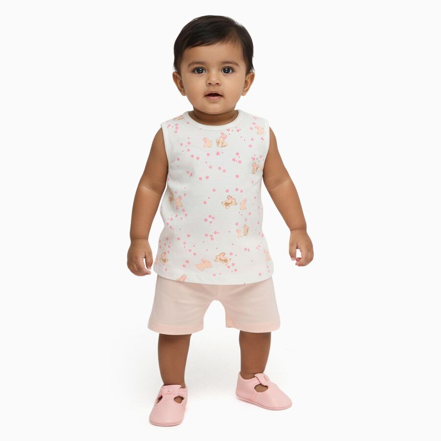 Infant White Cotton Bunny Print Sleeveless Top and Pastel Pink Shorts Set, Peach, large