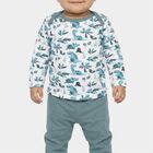 Infants' Light Blue 100% Cotton Round Neck Printed Baba Suit, टील ब्लू, small
