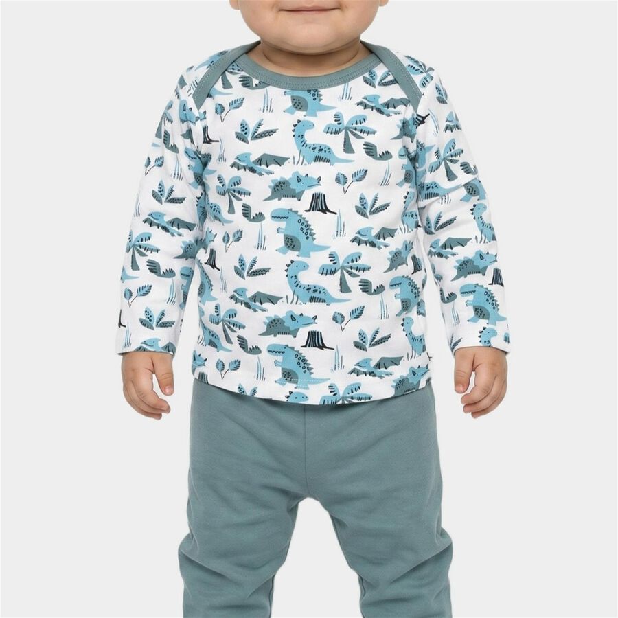Infants' Light Blue 100% Cotton Round Neck Printed Baba Suit, टील ब्लू, large
