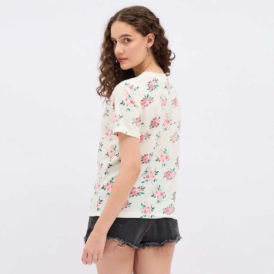 Women's Eggshell White Round Neck Floral T-Shirt, White, large image number null