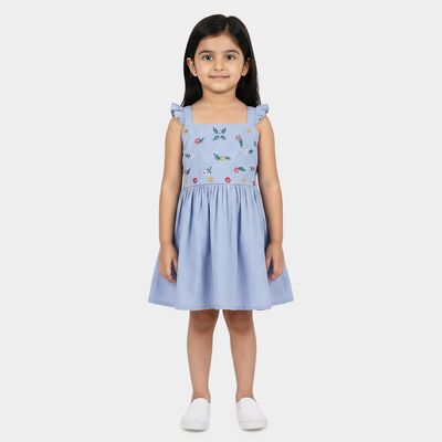 Girls' Light Blue Fit and Flare Floral Embroidered Frock