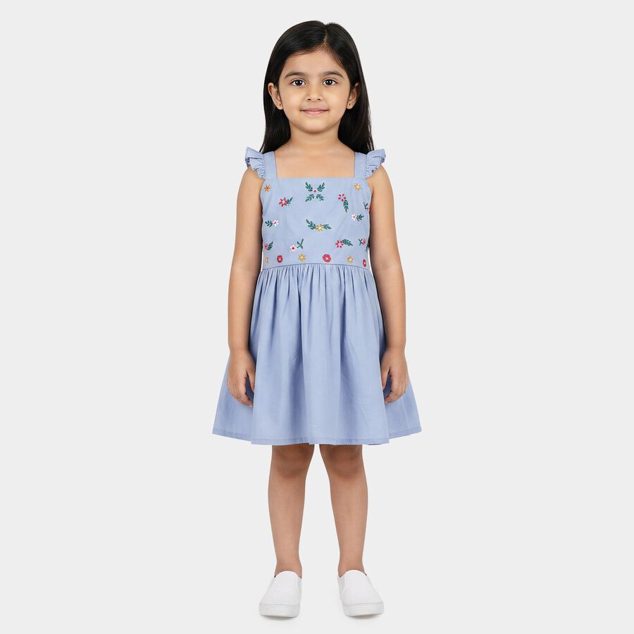 Girls' Light Blue Fit and Flare Floral Embroidered Frock, हल्का नीला, large