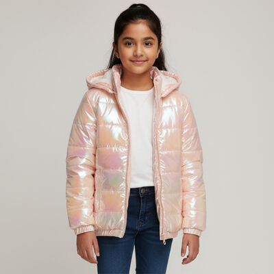 Girls' Light Iridescent Pink Hooded Casual Jacket