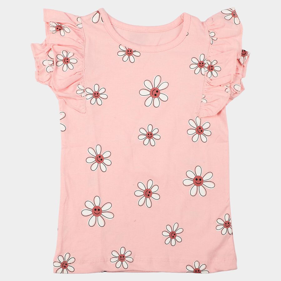 Girls Pink Cotton Round Neck Regular T-Shirt, Pink, large