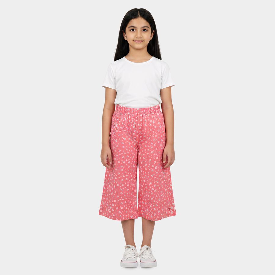 Girls Pink Wide Leg Floral Print Capri, हल्का गुलाबी, large