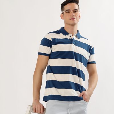 Men's Navy Blue and White Polo Collar Casual T-Shirt