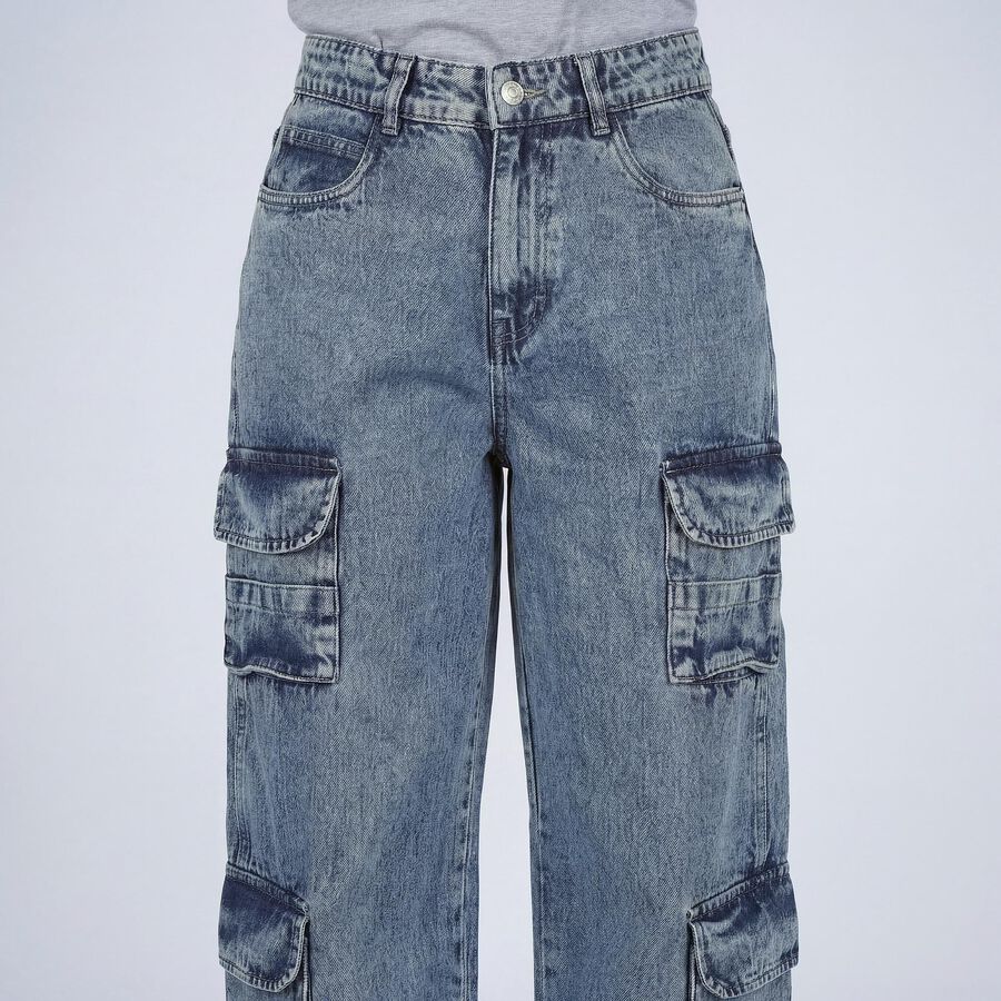 Women's Light Blue Wide Leg Washed Jeans, हल्का नीला, large
