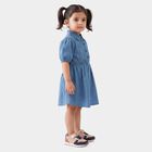 Girls' Blue Fit and Flare Embellished Shirt Collar Frock, मध्यम नीला, small