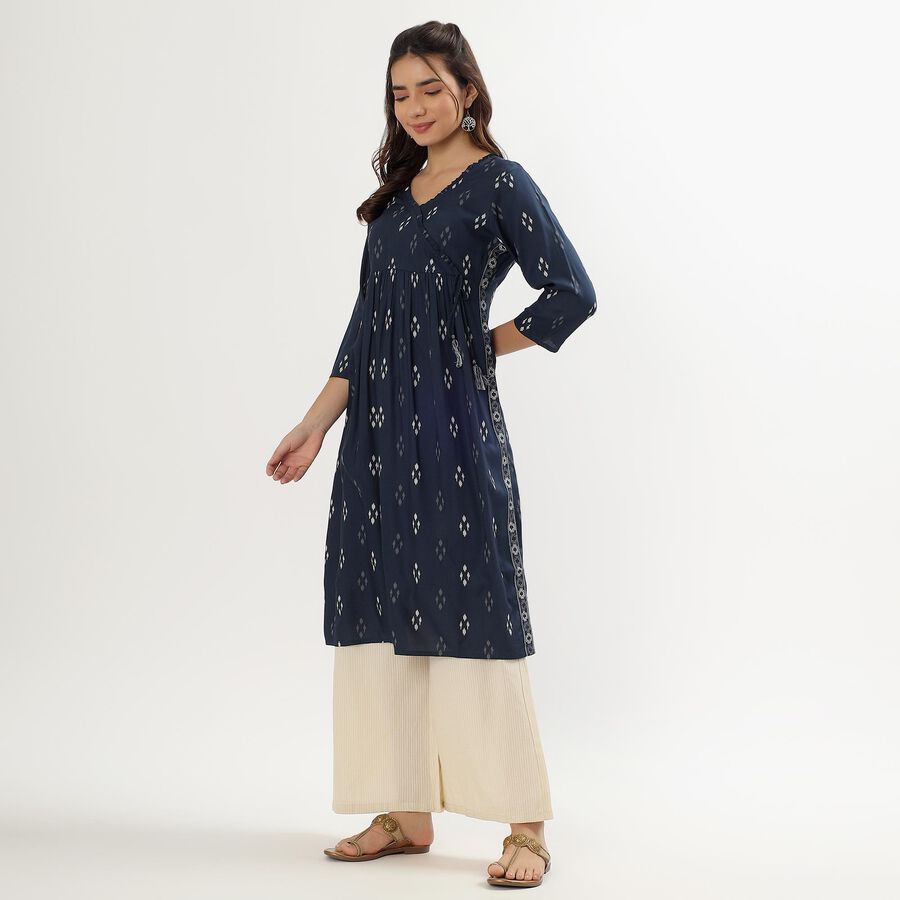 Women's Dark Blue Round Neck Printed Kurta, Dark Blue, large image number null