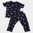 Boys Navy Blue Cotton Round Neck Graphic Printed Night Suit, नेवी ब्लू, small