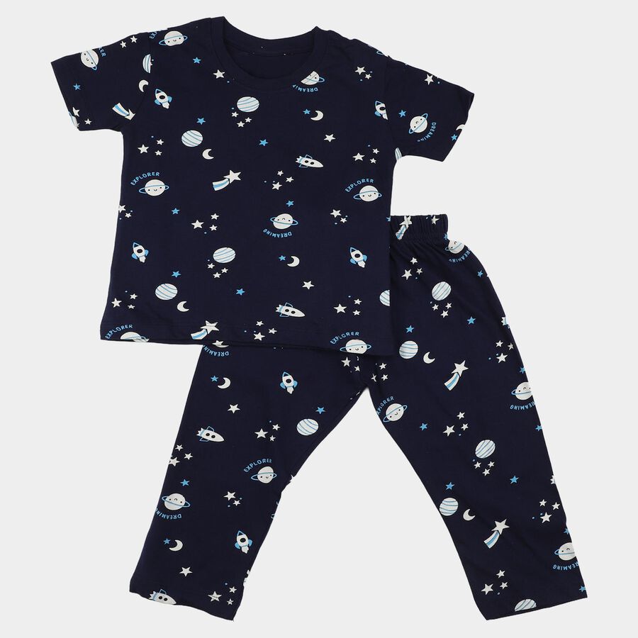 Boys Navy Blue Cotton Round Neck Graphic Printed Night Suit, नेवी ब्लू, large