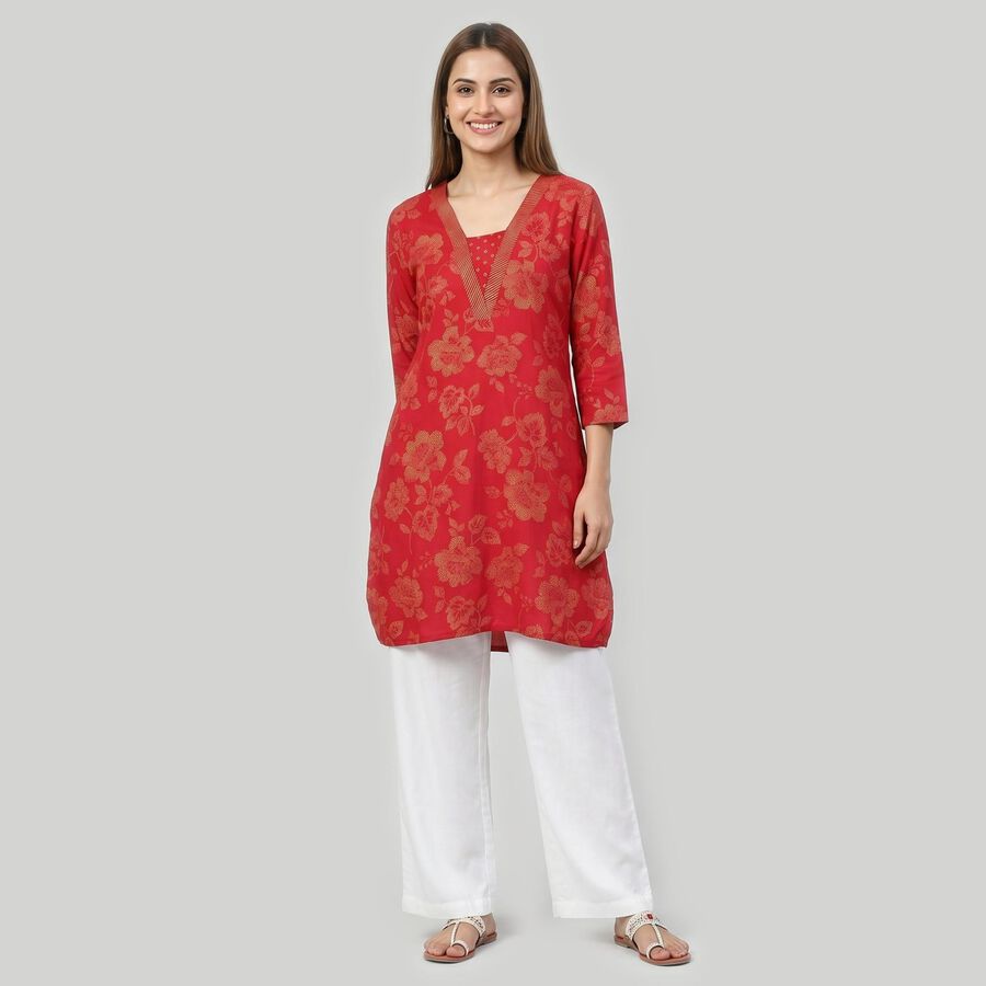 Women's Fuchsia Round Neck Solid Kurta, रानी (फ्यूशिया), large