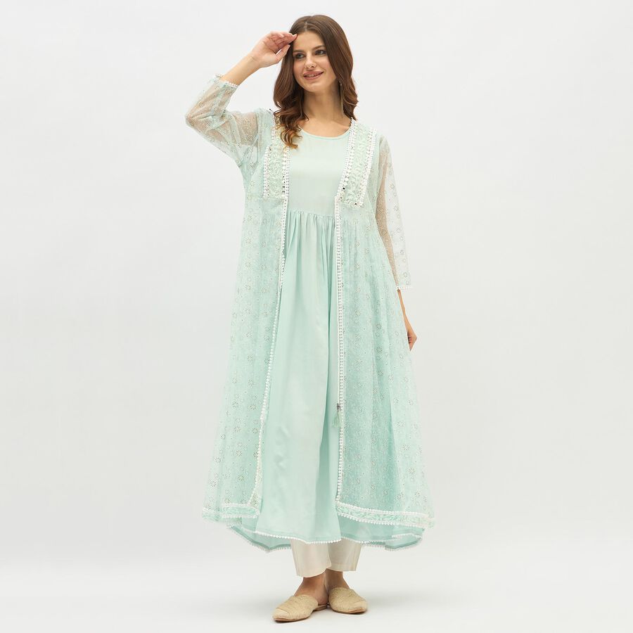 Women's Light Mint Green Round Neck Embroidered Layered Kurta, Aqua, large image number null