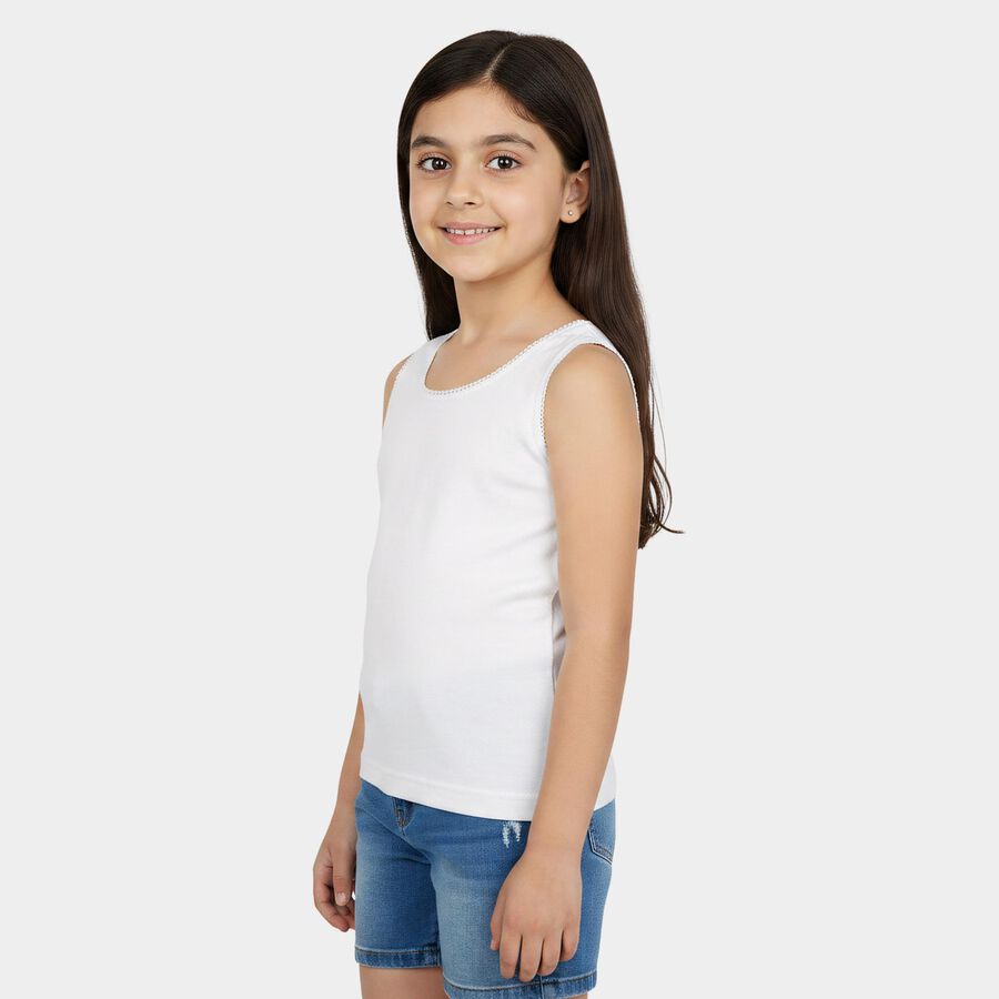Girls White Cotton Round Neck Sleeveless Vest, सफ़ेद, large