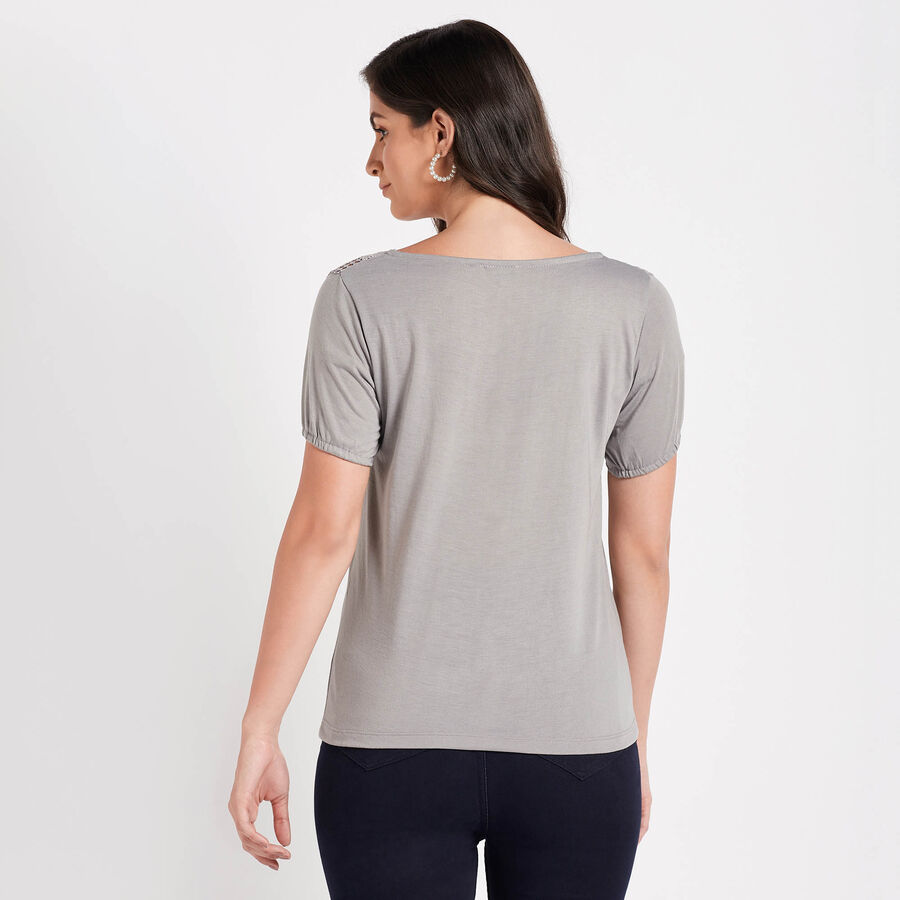 Embellished Short Sleeve Top, Dark Grey, large image number null