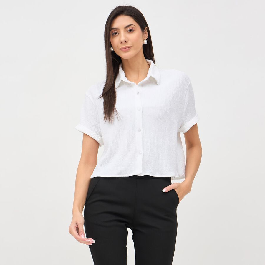 Women's White Collared Short Sleeve Crop Shirt, White, large image number null