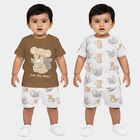 Infants' Beige 100% Cotton Round Neck Printed Baba Suit, गहरा पीला, small
