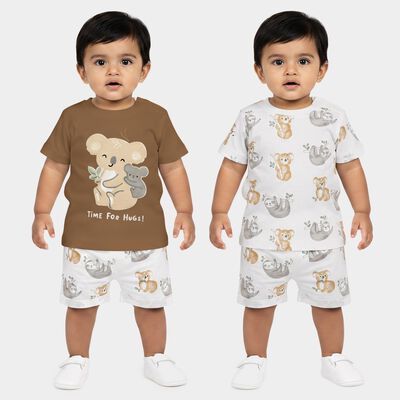 Infants' Beige 100% Cotton Round Neck Printed Baba Suit